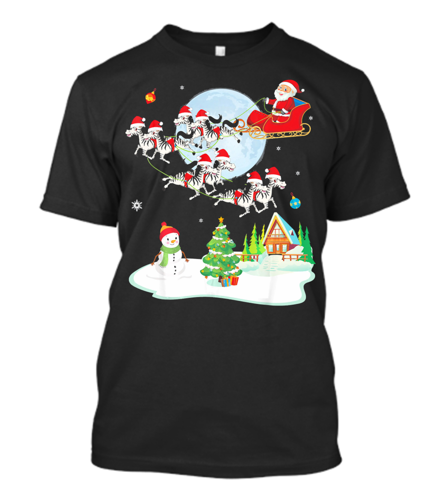 Santa Claus Sleigh With Zebras And Snowman By Christmas Tree T-Shirt