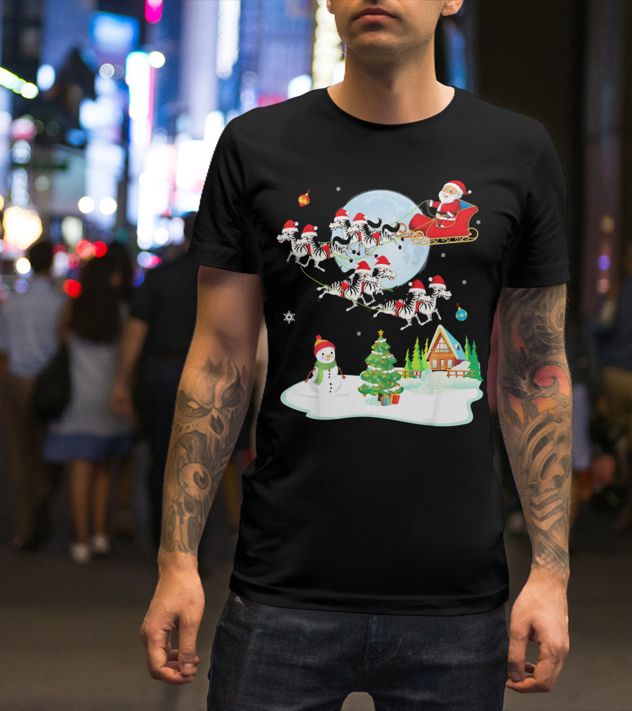 Santa Claus Sleigh With Zebras And Snowman By Christmas Tree T-Shirt