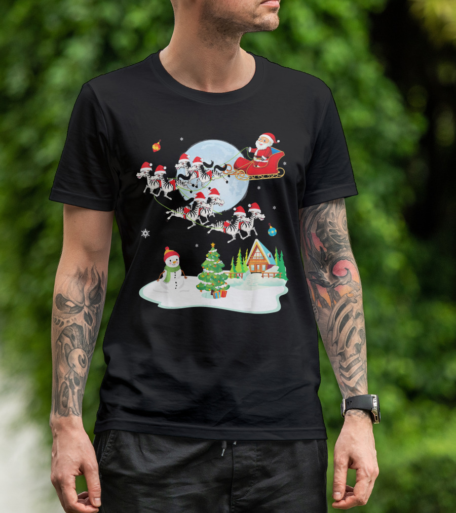 Santa Claus Sleigh With Zebras And Snowman By Christmas Tree T-Shirt