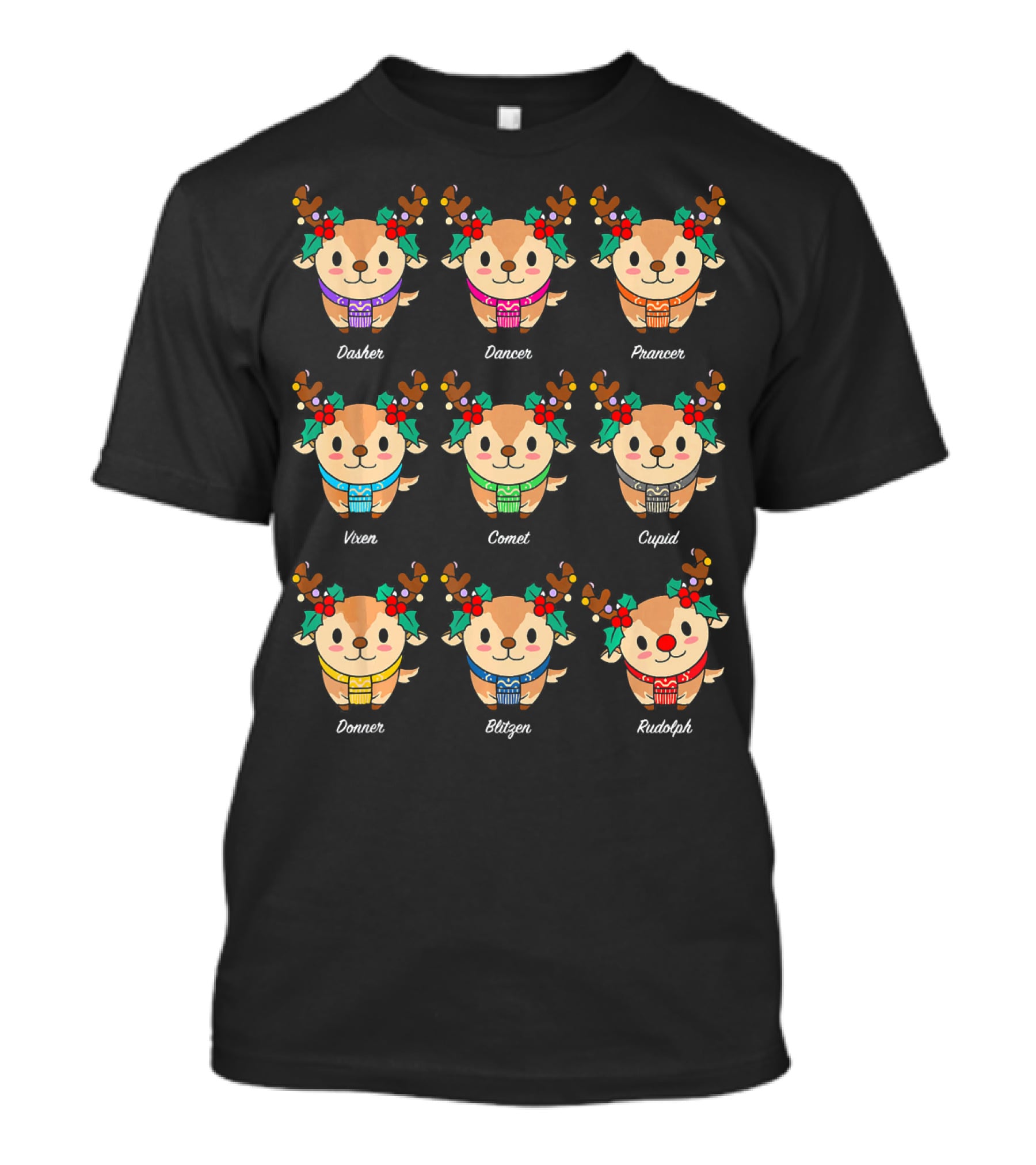 Adorable Reindeer With Names Dasher Dancer Prancer Vixen Comet Cupid Donner Blitzen Rudolph T-Shirt