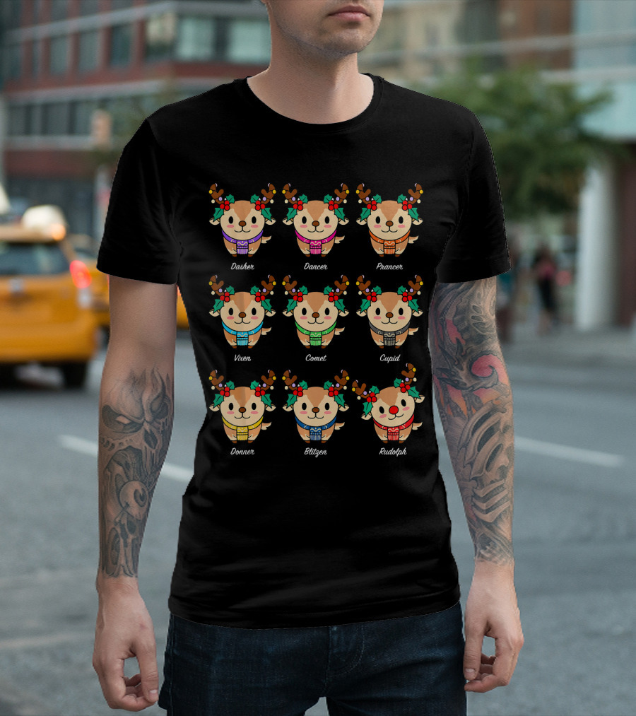 Adorable Reindeer with Names Dasher Dancer Prancer Vixen Comet Cupid Donner Blitzen Rudolph T-Shirt