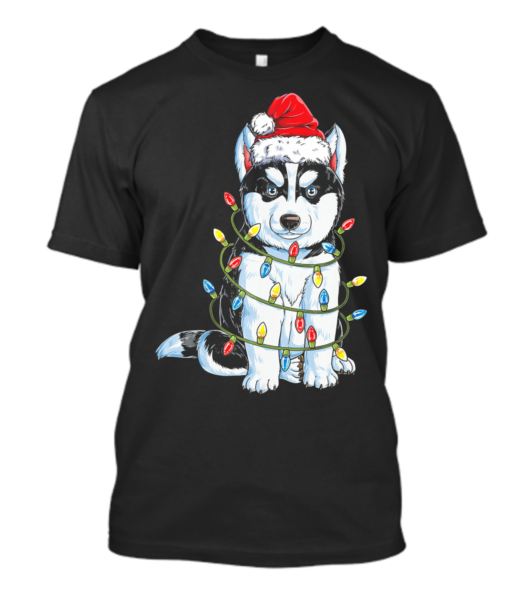 Siberian Husky Wrapped In Christmas Lights With Santa Hat T-Shirt