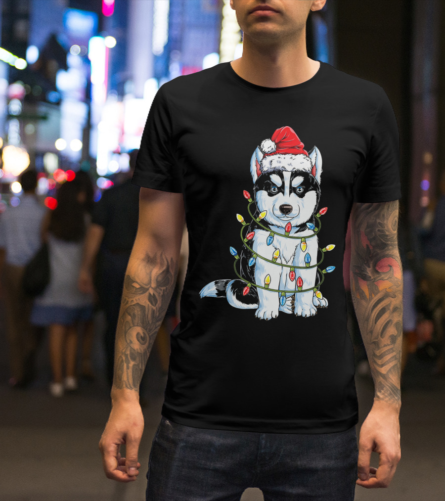 Siberian Husky Wrapped In Christmas Lights With Santa Hat T-Shirt