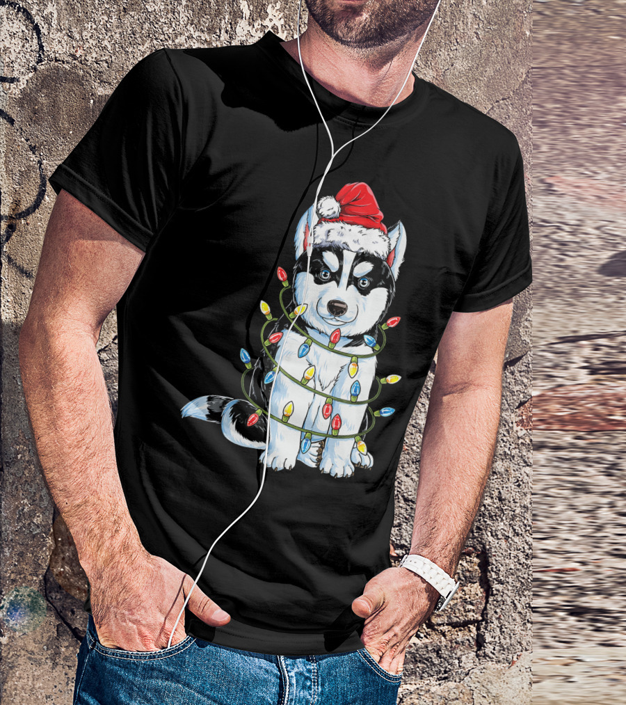 Siberian Husky Wrapped In Christmas Lights With Santa Hat T-Shirt