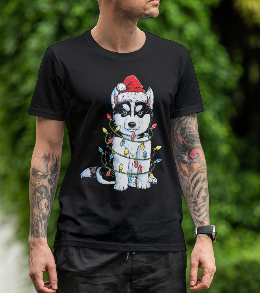 Siberian Husky Wrapped In Christmas Lights With Santa Hat T-Shirt