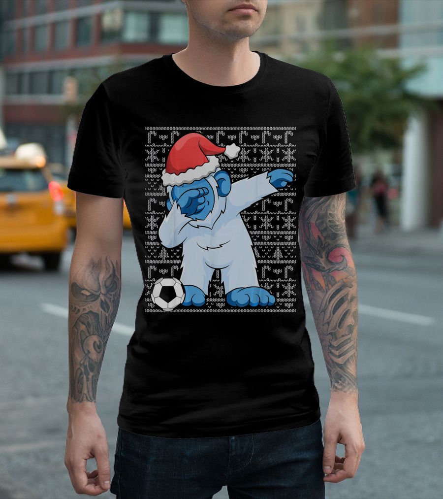 Dabbing Abominable Snowman Santa with Soccer Ball Holiday Ugly T-Shirt