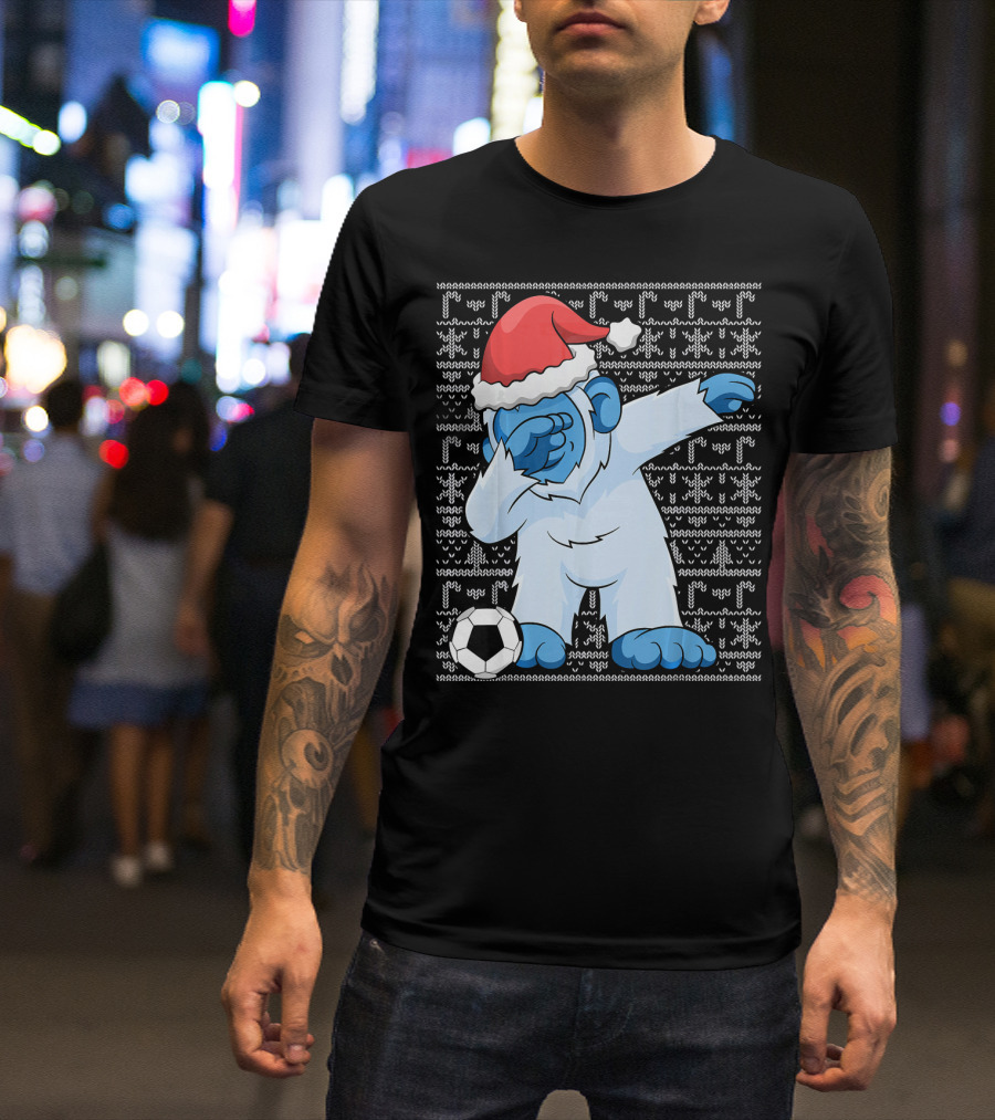 Dabbing Abominable Snowman Santa With Soccer Ball Holiday Ugly T-Shirt