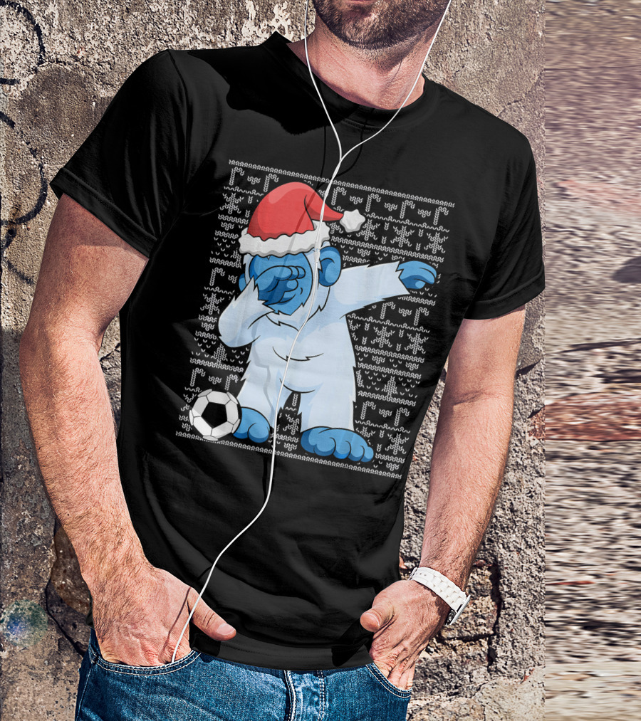 Dabbing Abominable Snowman Santa With Soccer Ball Holiday Ugly T-Shirt