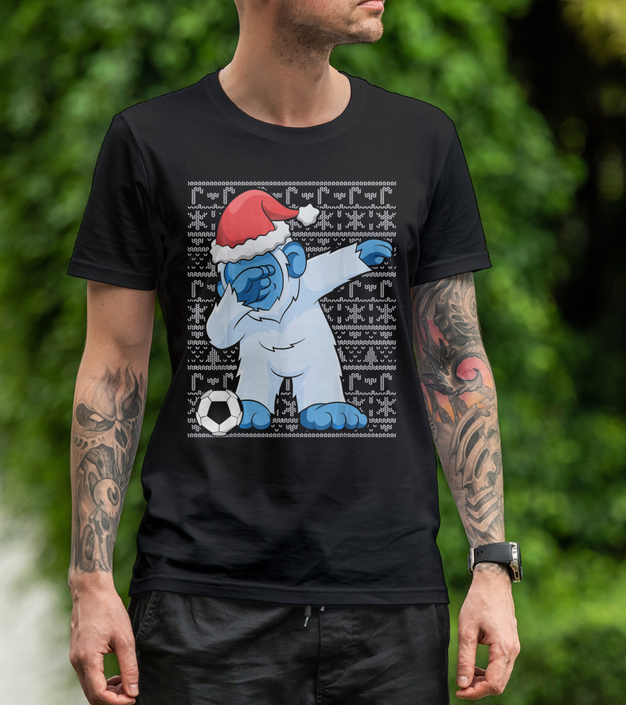 Dabbing Abominable Snowman Santa With Soccer Ball Holiday Ugly T-Shirt