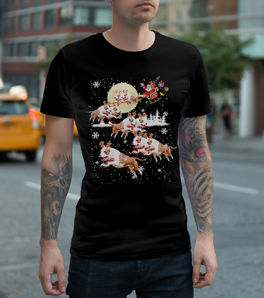 Santa's Christmas Pitbull Reindeer Sleigh Ride T-Shirt