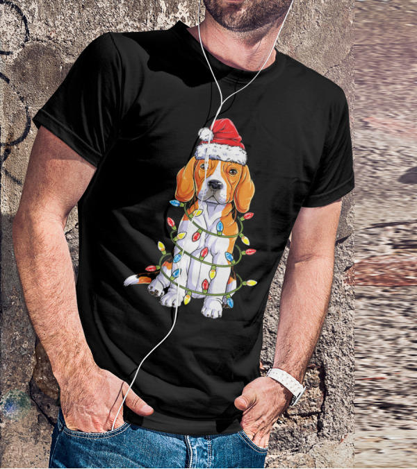 Beagle Wrapped In Christmas Lights With Santa Hat T-Shirt