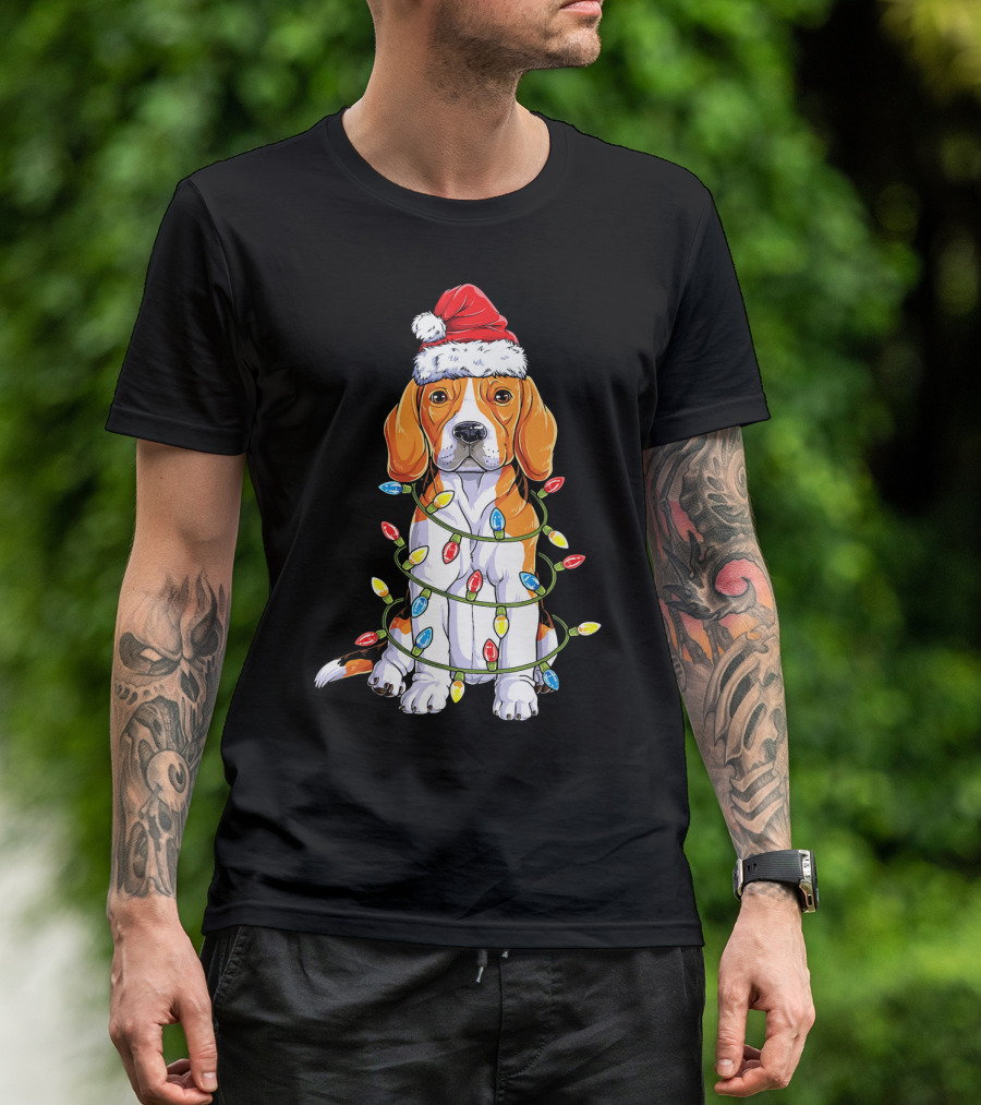Beagle Wrapped In Christmas Lights With Santa Hat T-Shirt