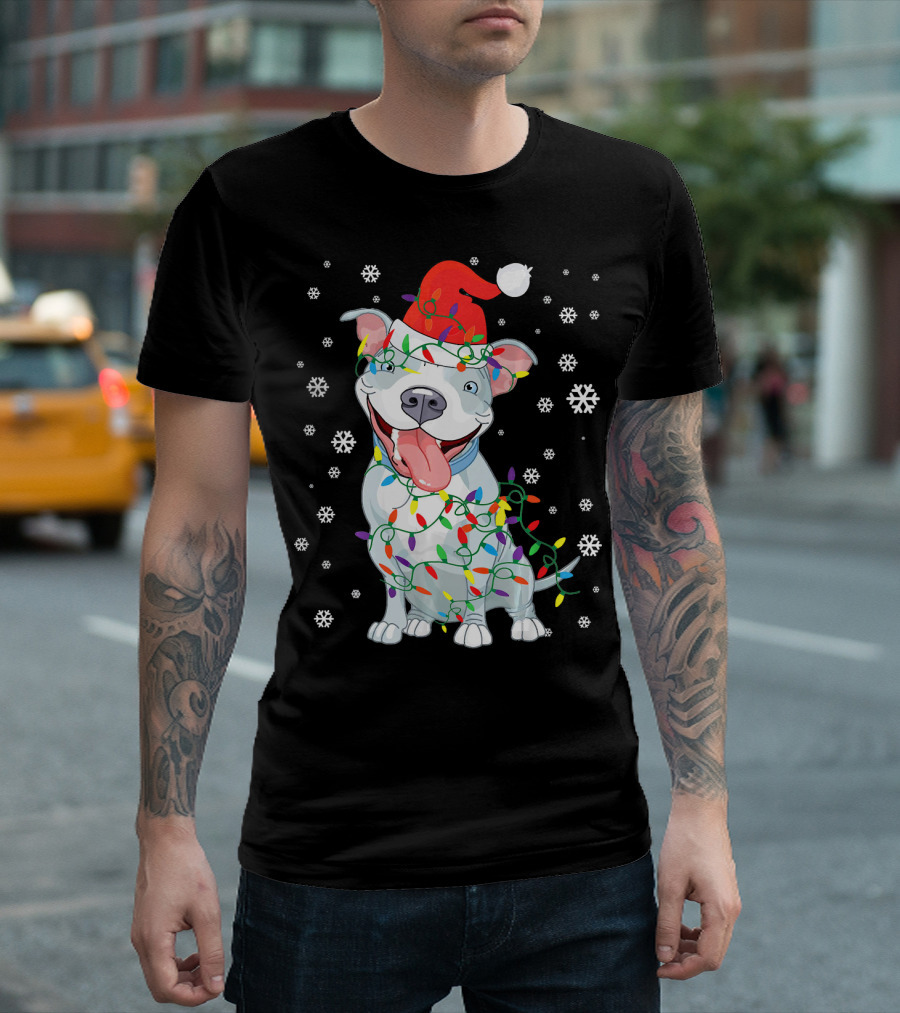 Pitbull Wrapped in Christmas Lights with Santa Hat and Snowflakes T-Shirt