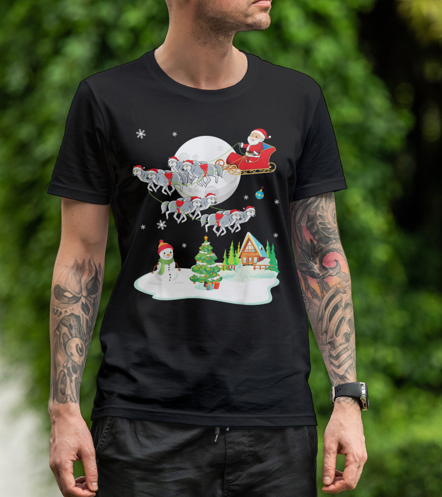 Santa Claus Sleigh Riding Over Snowman And Christmas Scene With Wolves T-Shirt