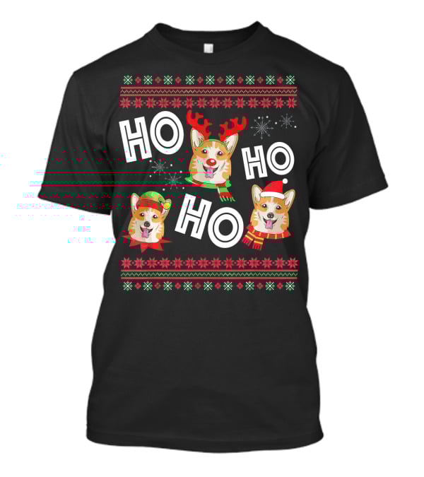 HO HO HO Corgi Funny Dog Reindeer Elf Santa Hats Snowflakes Christmas Holiday T-Shirt