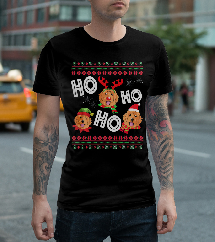 HO HO HO Golden Doodle Funny Dog Christmas Antlers Santa Hat Snowflakes T-Shirt