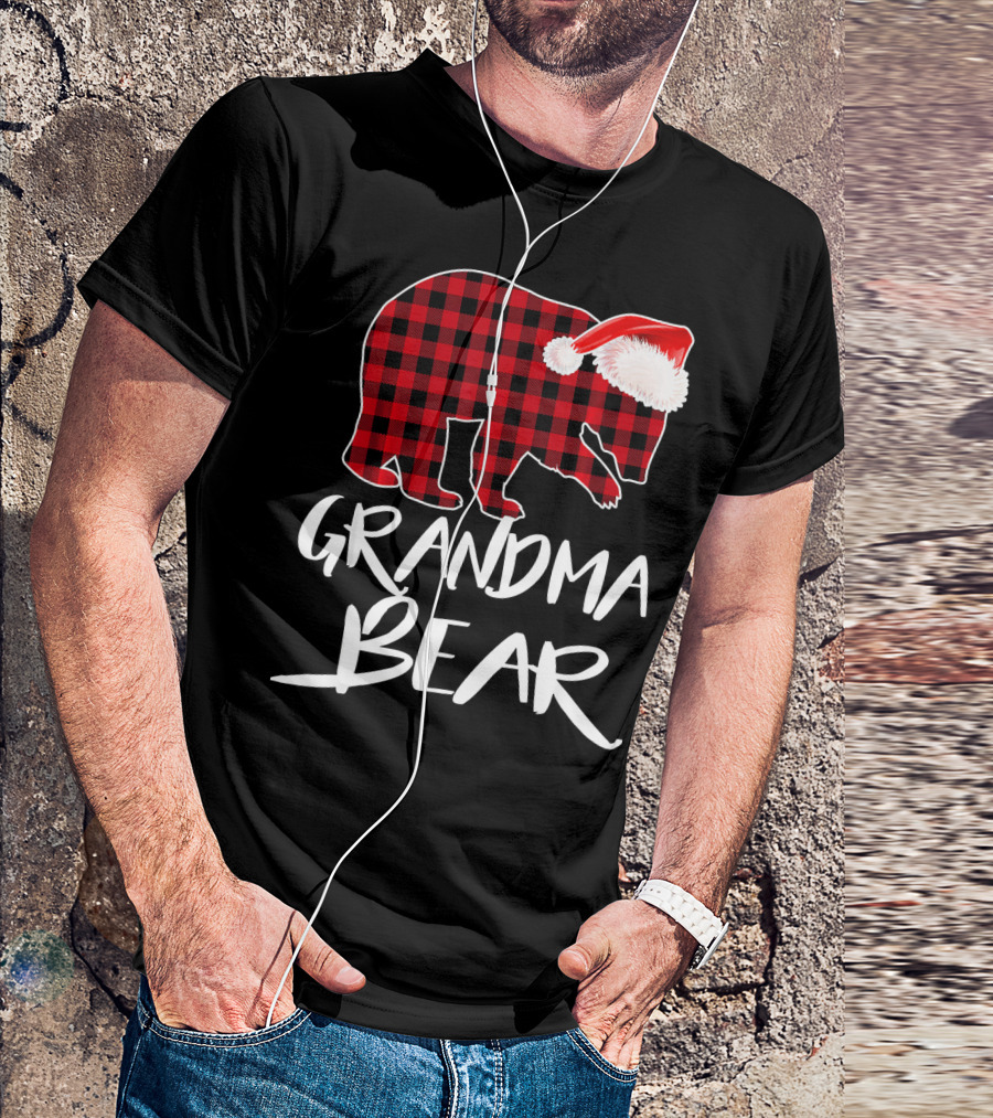 Grandma Bear Red Plaid Santa Hat T-Shirt