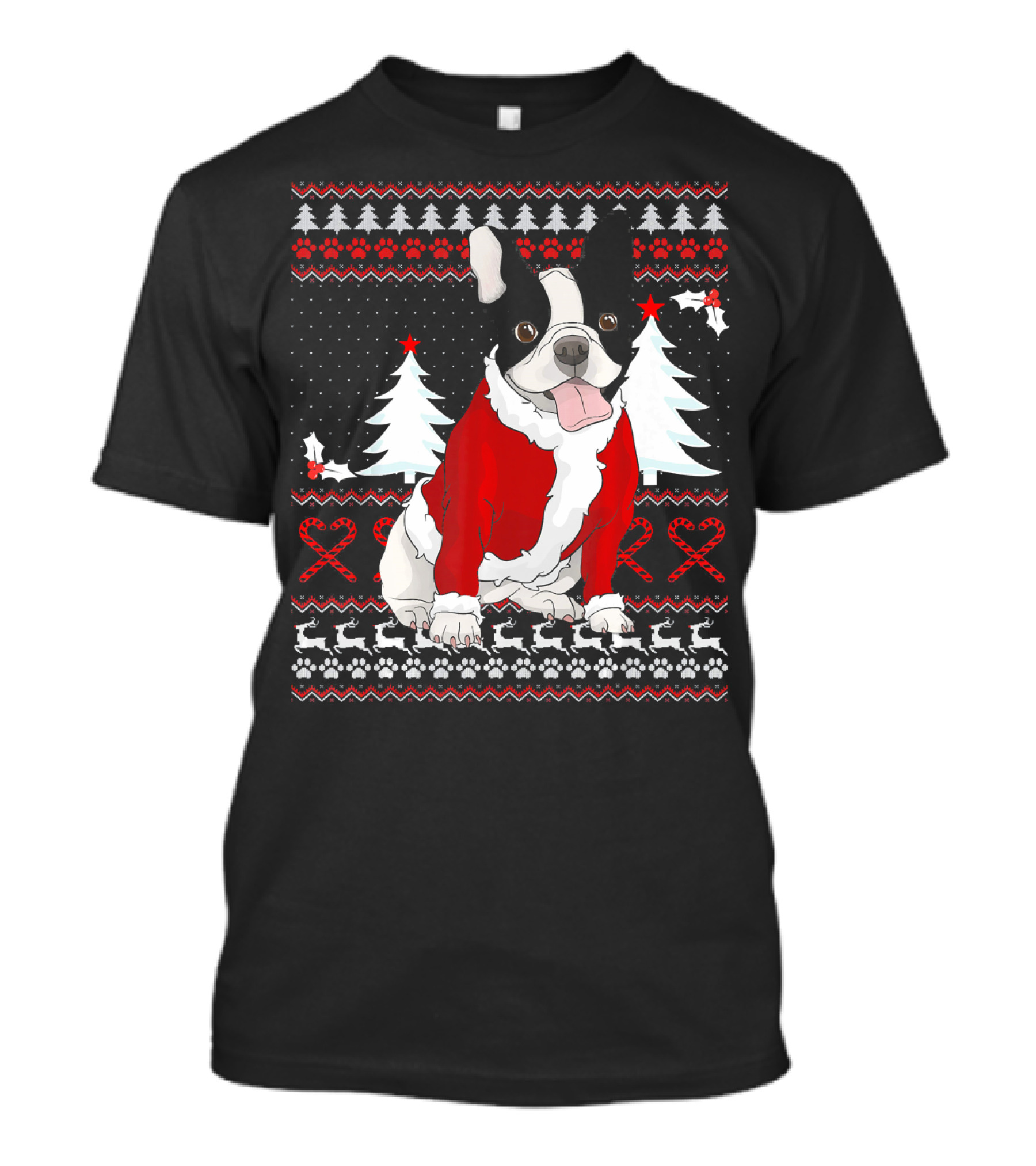 Cute French Bulldog Christmas Sweater With Santa Outfit And Holiday Trees T-Shirt