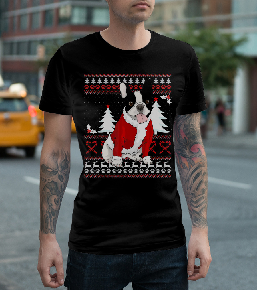 Cute French Bulldog Christmas Sweater With Santa Outfit And Holiday Trees T-Shirt
