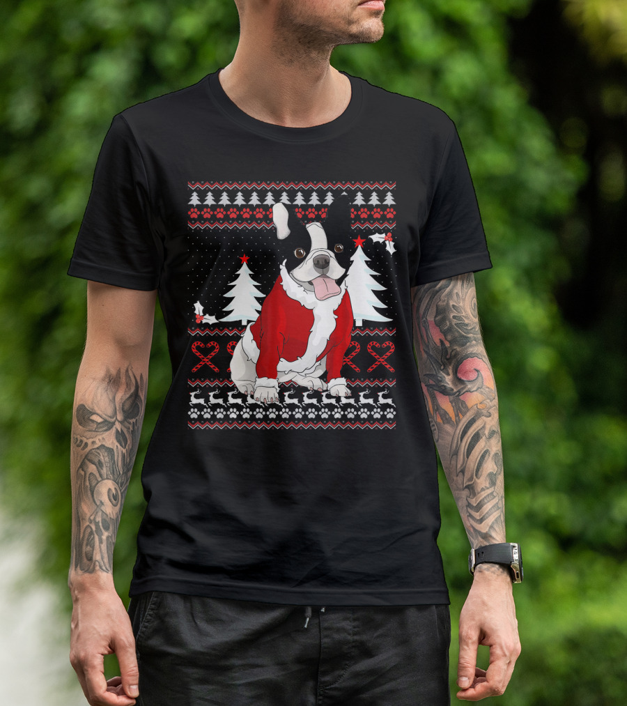Cute French Bulldog Christmas Sweater With Santa Outfit And Holiday Trees T-Shirt