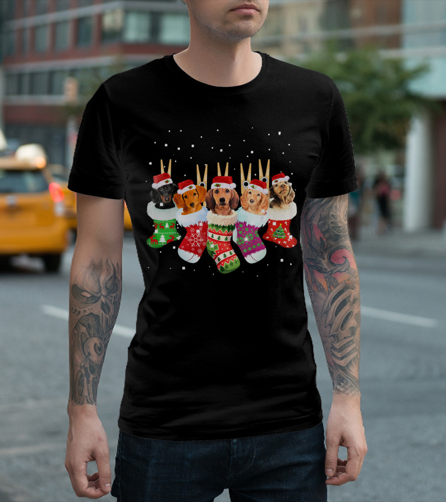 Christmas Socks Dachshund Santa Hats Snowflakes T-Shirt