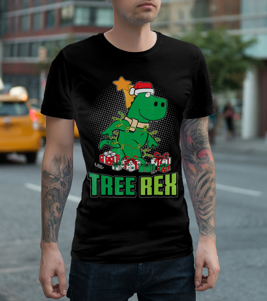 Tree Rex Funny Cute Christmas Dinosaur with Santa Hat and Gifts T-Shirt
