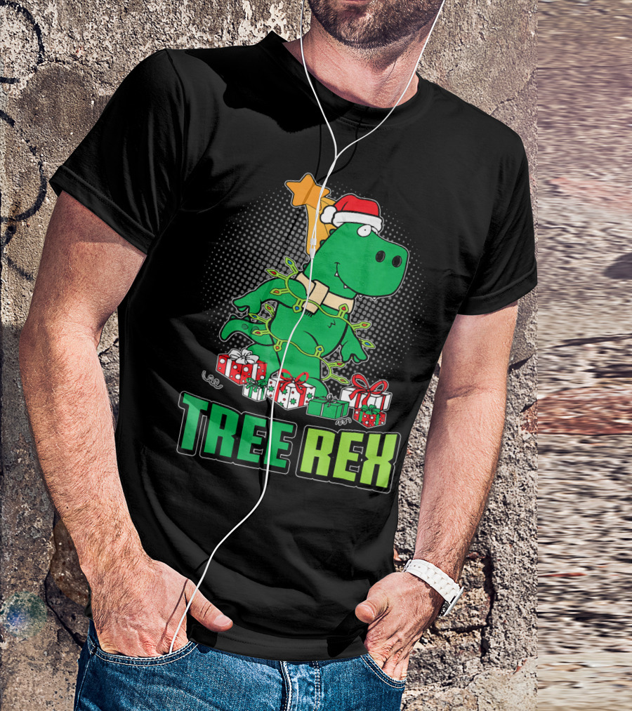 Tree Rex Funny Cute Christmas Dinosaur With Santa Hat And Gifts T-Shirt