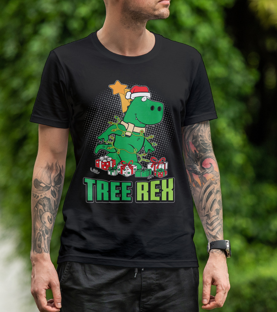 Tree Rex Funny Cute Christmas Dinosaur With Santa Hat And Gifts T-Shirt