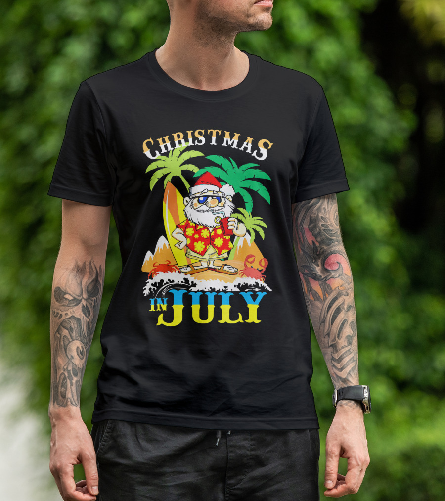 Christmas In July Santa Tropical Surf Vibes T-Shirt