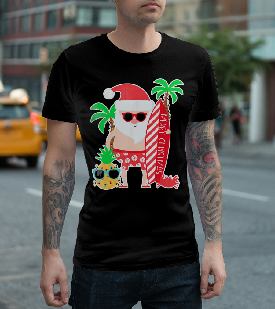 Merry Christmas Santa Surfing Hawaiian Pineapple Palm Trees T-Shirt
