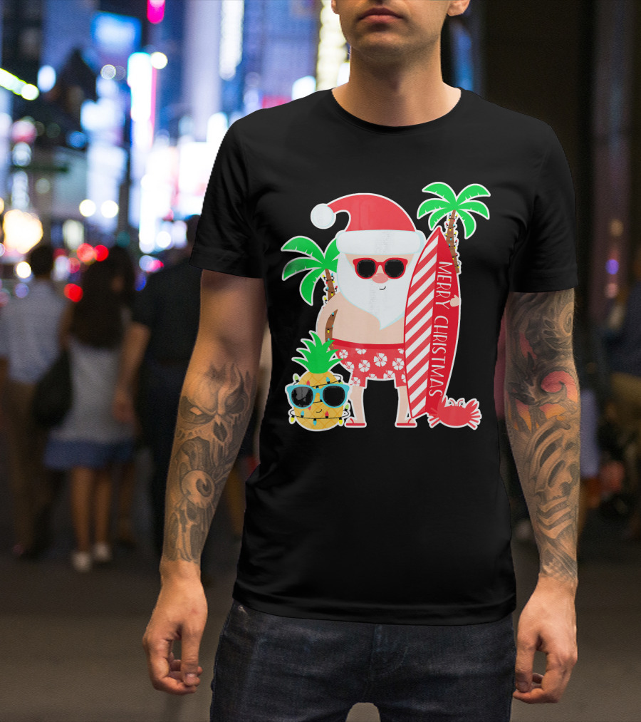 Merry Christmas Santa Surfing Hawaiian Pineapple Palm Trees T-Shirt