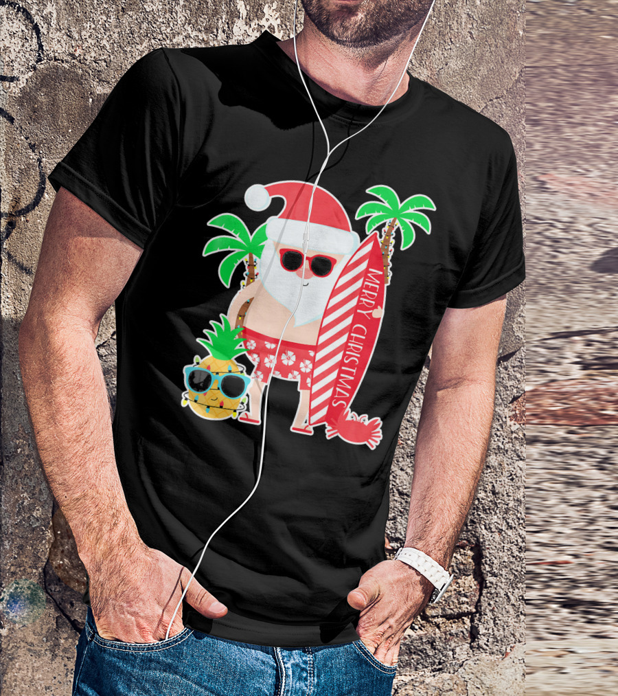 Merry Christmas Santa Surfing Hawaiian Pineapple Palm Trees T-Shirt