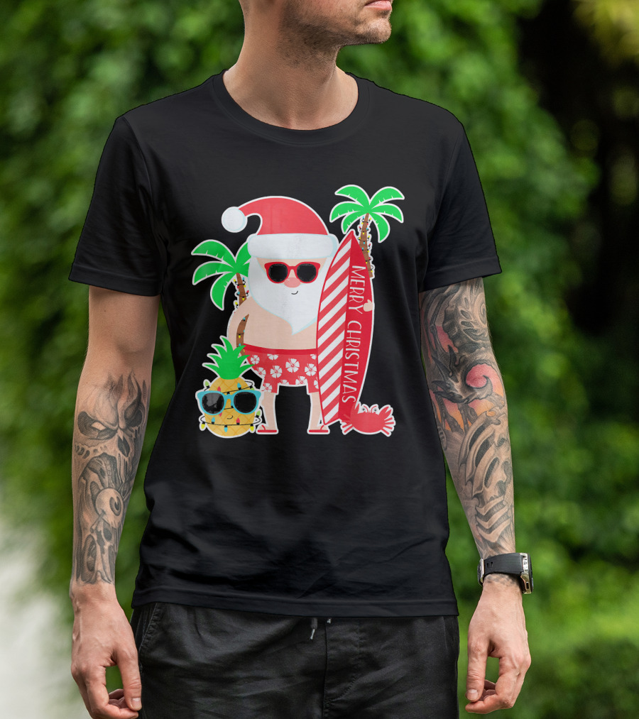 Merry Christmas Santa Surfing Hawaiian Pineapple Palm Trees T-Shirt