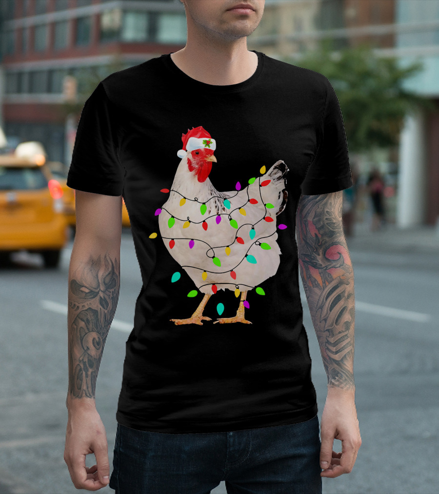 Chicken Christmas Light Funny Chicken Santa Hat Festive Holiday Decor T-Shirt