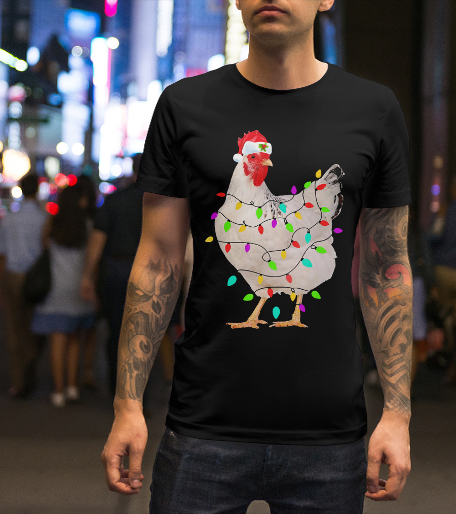 Chicken Christmas Light Funny Chicken Santa Hat Festive Holiday Decor T-Shirt