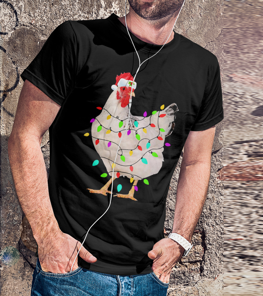 Chicken Christmas Light Funny Chicken Santa Hat Festive Holiday Decor T-Shirt