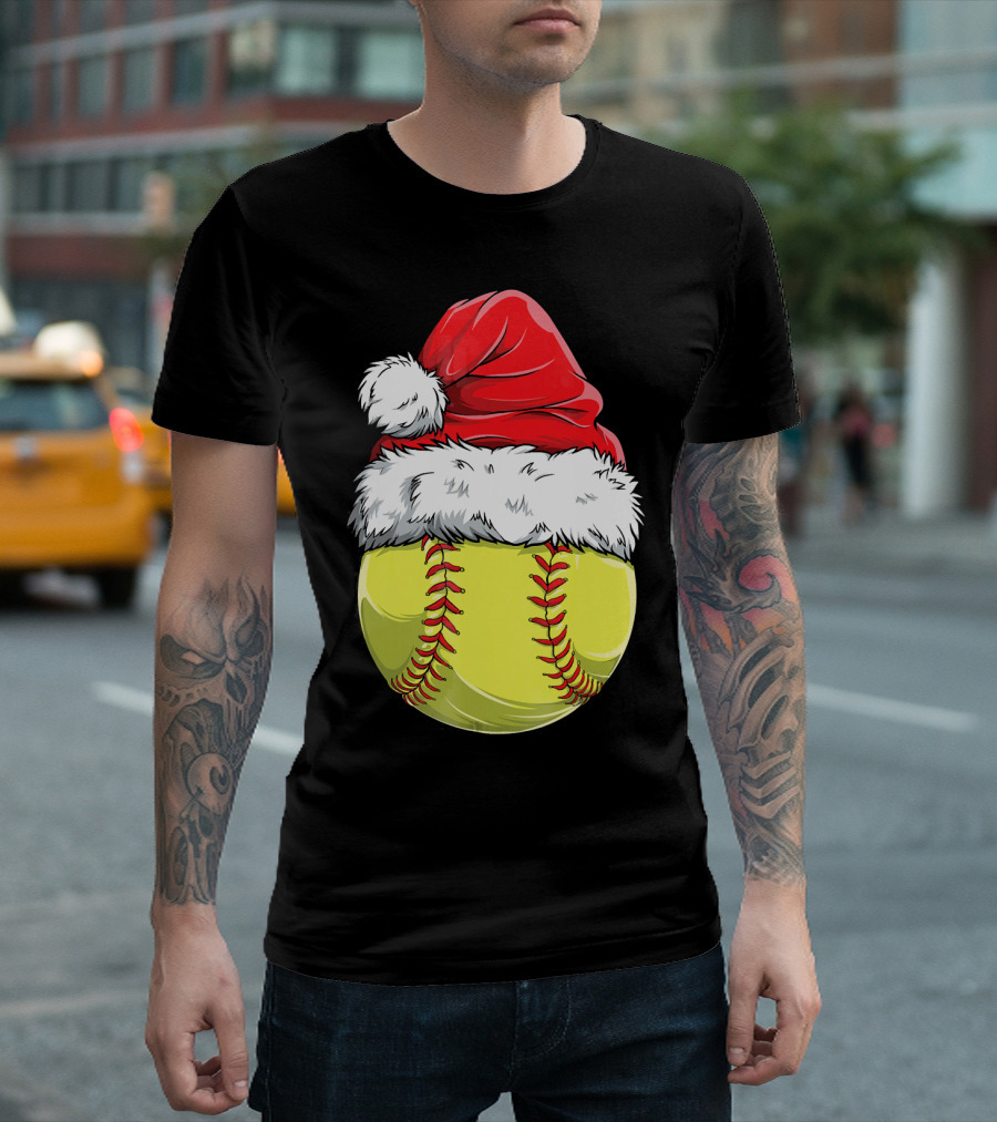 Santa Hat Softball Christmas T-Shirt