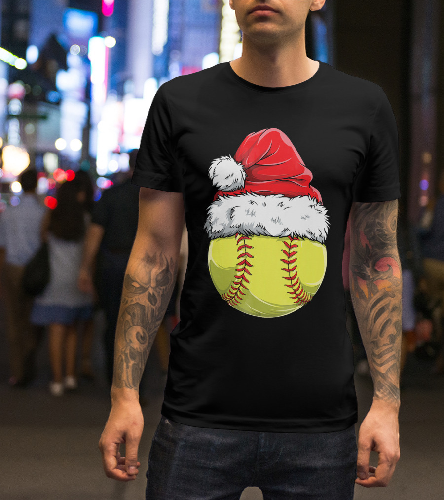 Santa Hat Softball Christmas T-Shirt