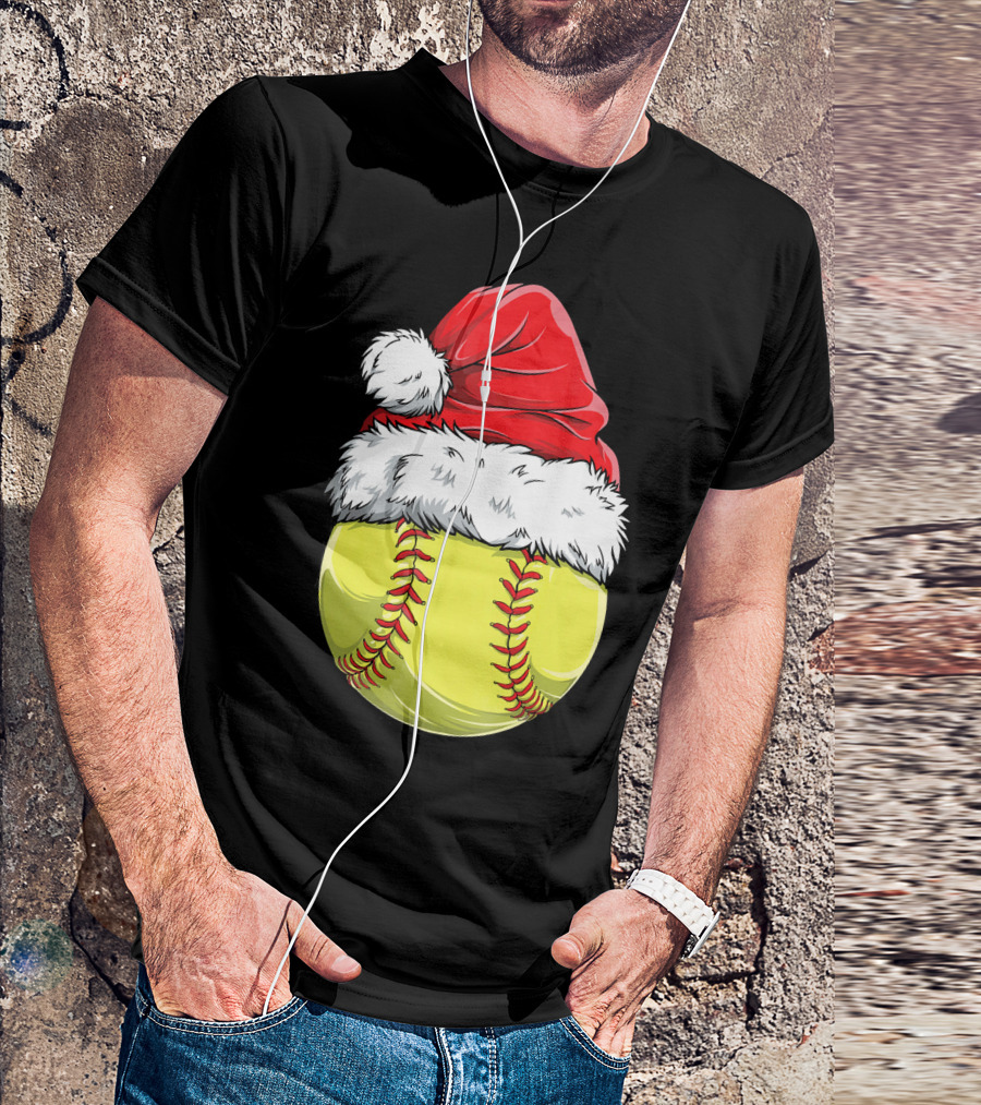 Santa Hat Softball Christmas T-Shirt