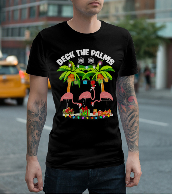 Deck The Palms Flamingo Christmas Lights And Gifts T-Shirt