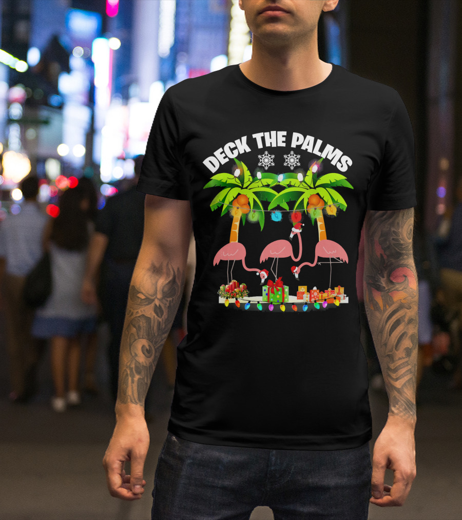 Deck The Palms Flamingo Christmas Lights And Gifts T-Shirt
