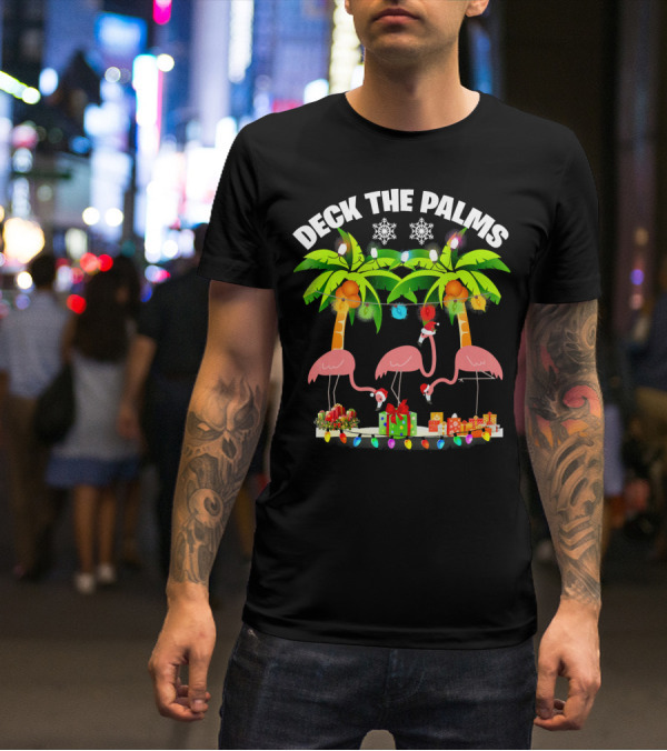Deck The Palms Flamingo Christmas Lights And Gifts T-Shirt