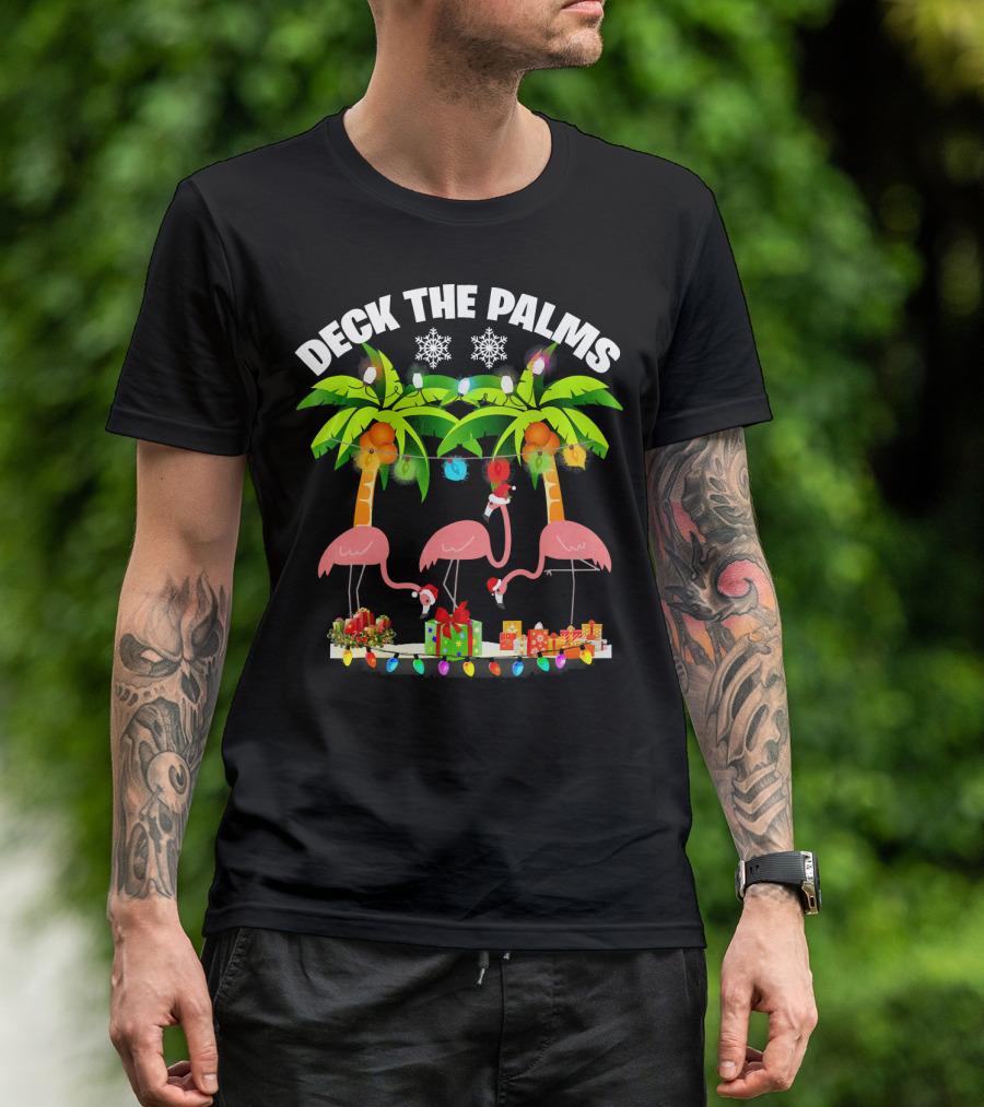 Deck The Palms Flamingo Christmas Lights And Gifts T-Shirt