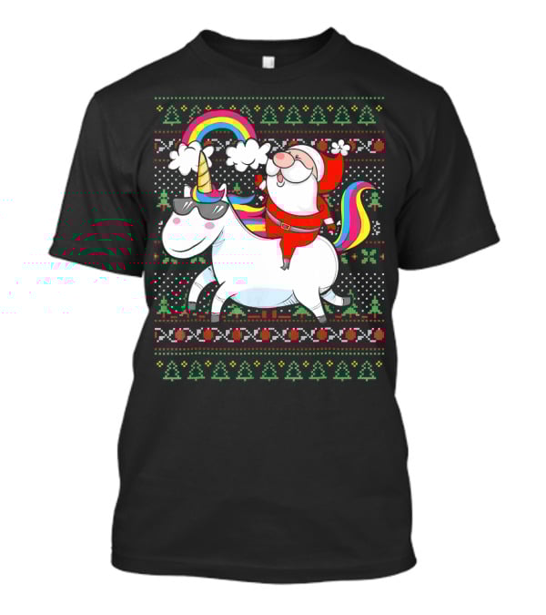 Santa Claus Riding A Rainbow Unicorn Christmas T-Shirt