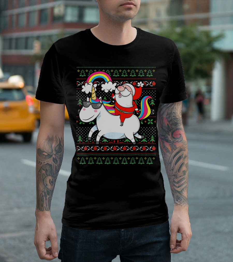 Santa Claus Riding A Rainbow Unicorn Christmas T-Shirt