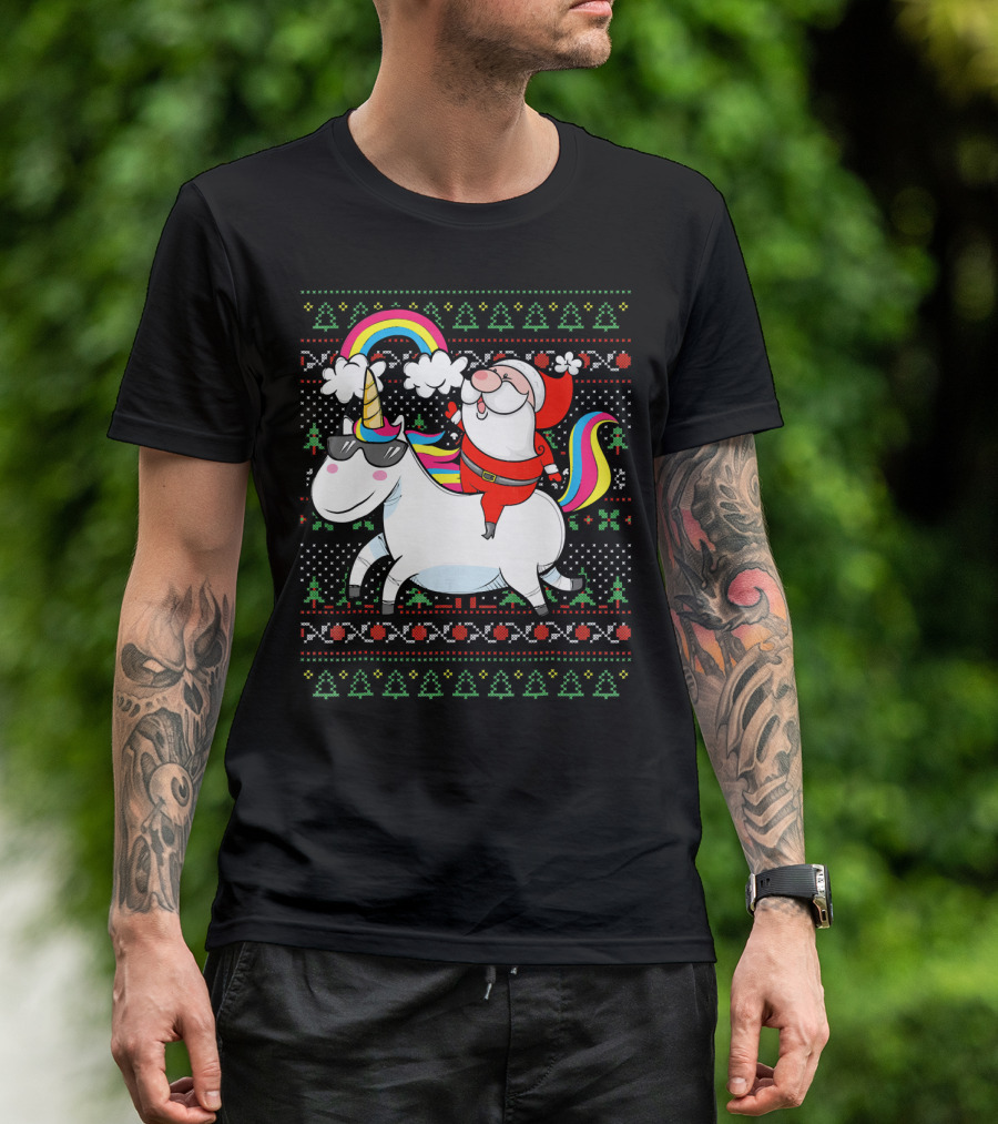 Santa Claus Riding A Rainbow Unicorn Christmas T-Shirt
