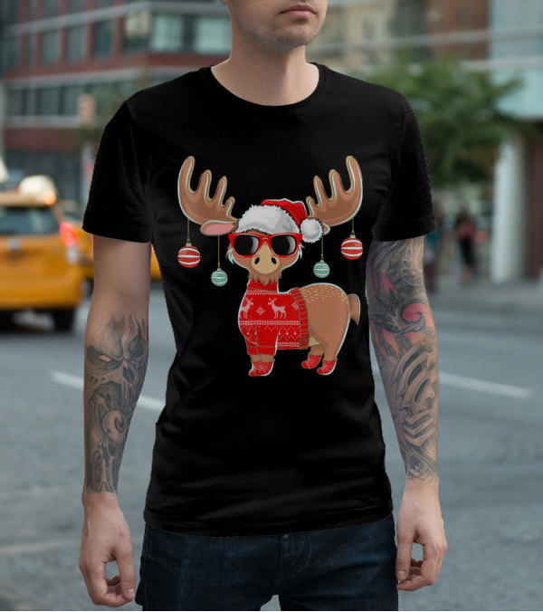 Ugly Christmas Moose Chris With Sweater And Ornaments T-Shirt
