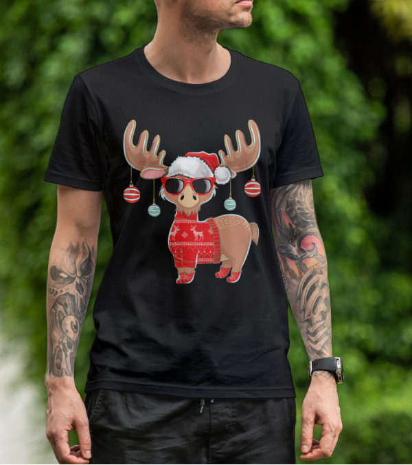 Ugly Christmas Moose Chris With Sweater And Ornaments T-Shirt