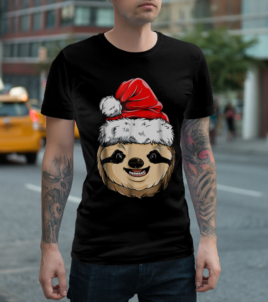Sloth Santa Christmas Hat Cheerful Face T-Shirt