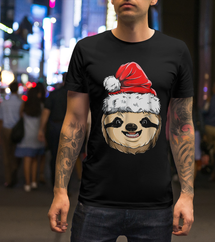 Sloth Santa Christmas Hat Cheerful Face T-Shirt